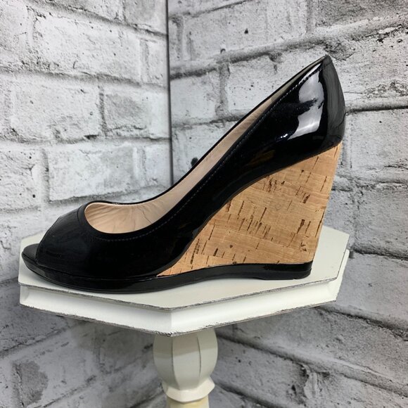 Prada Shoes - Prada Black Patent Leather Peep Toe Cork Wedge Pump Size 37 US 6.5